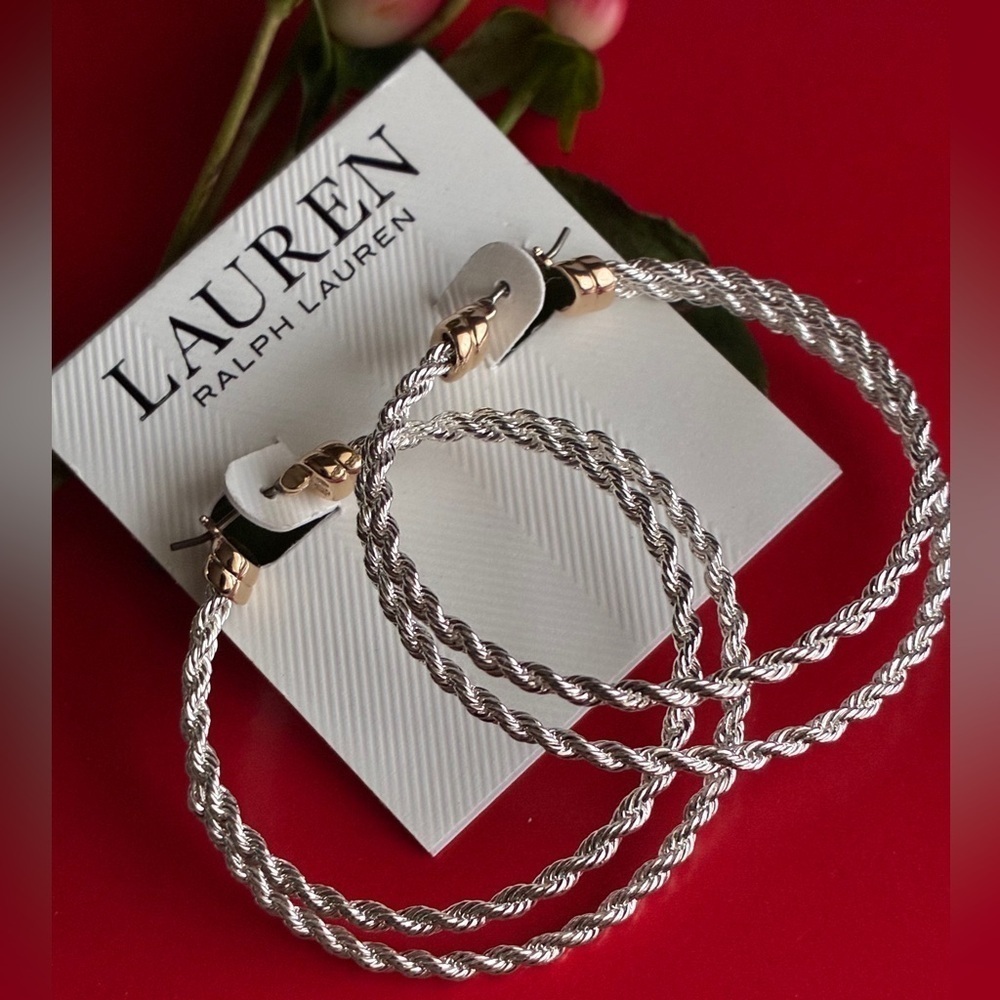 Ralph Lauren Silver and Gold Twisted Hoop Earrings - Picture 2 of 7